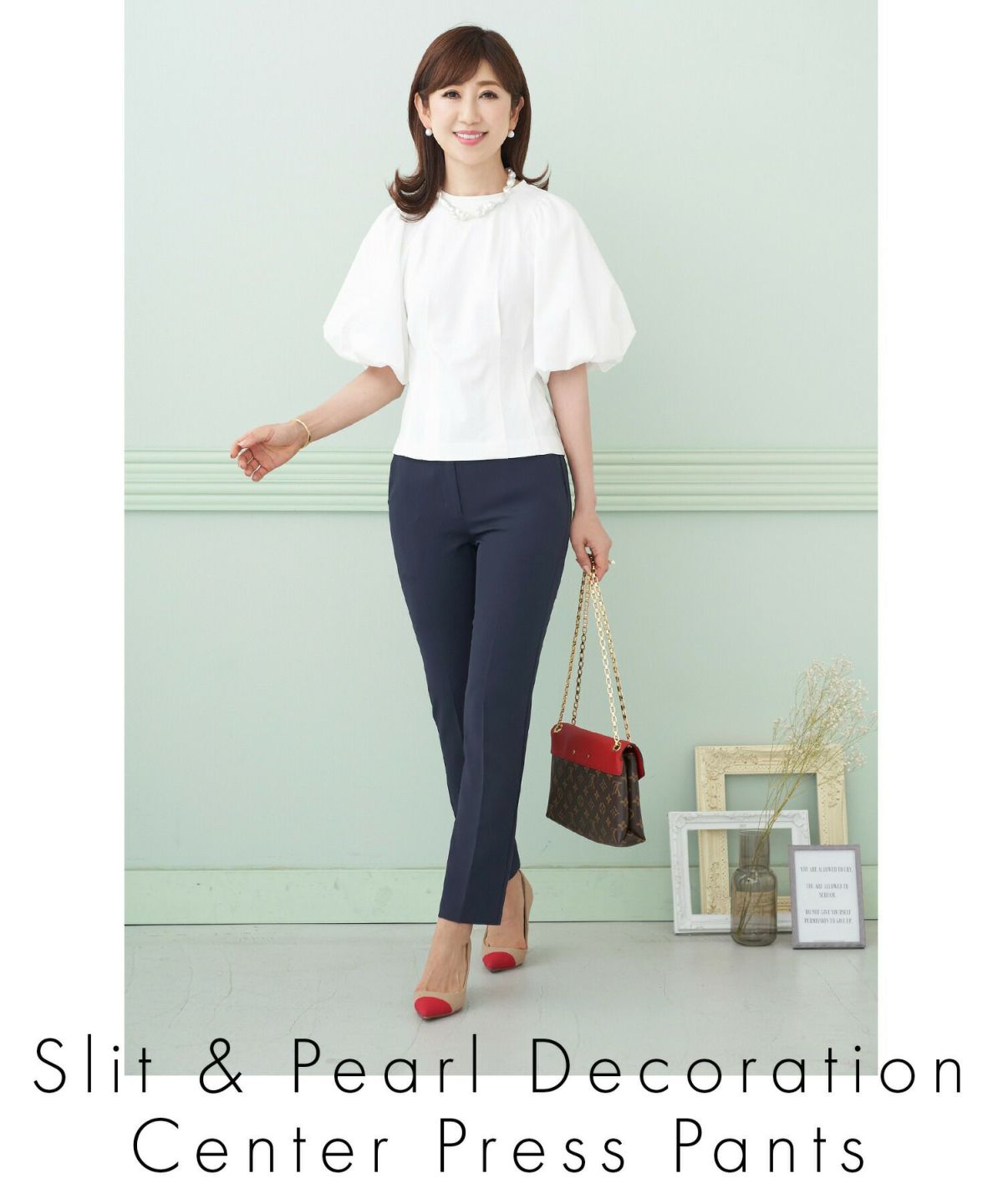 プリマシェレル/PrimaScherrer/レディース/ボトムス/パンツ/ズボン/スリット/パール/センタープレス/テーパード/アンクル丈/S/M/ネイビー/ブラウン/ホワイト/イエロー/グリーン/ピンク/きれいめ/ウエストゴム/ポケット付き/洗える/手洗い可/洗濯可/