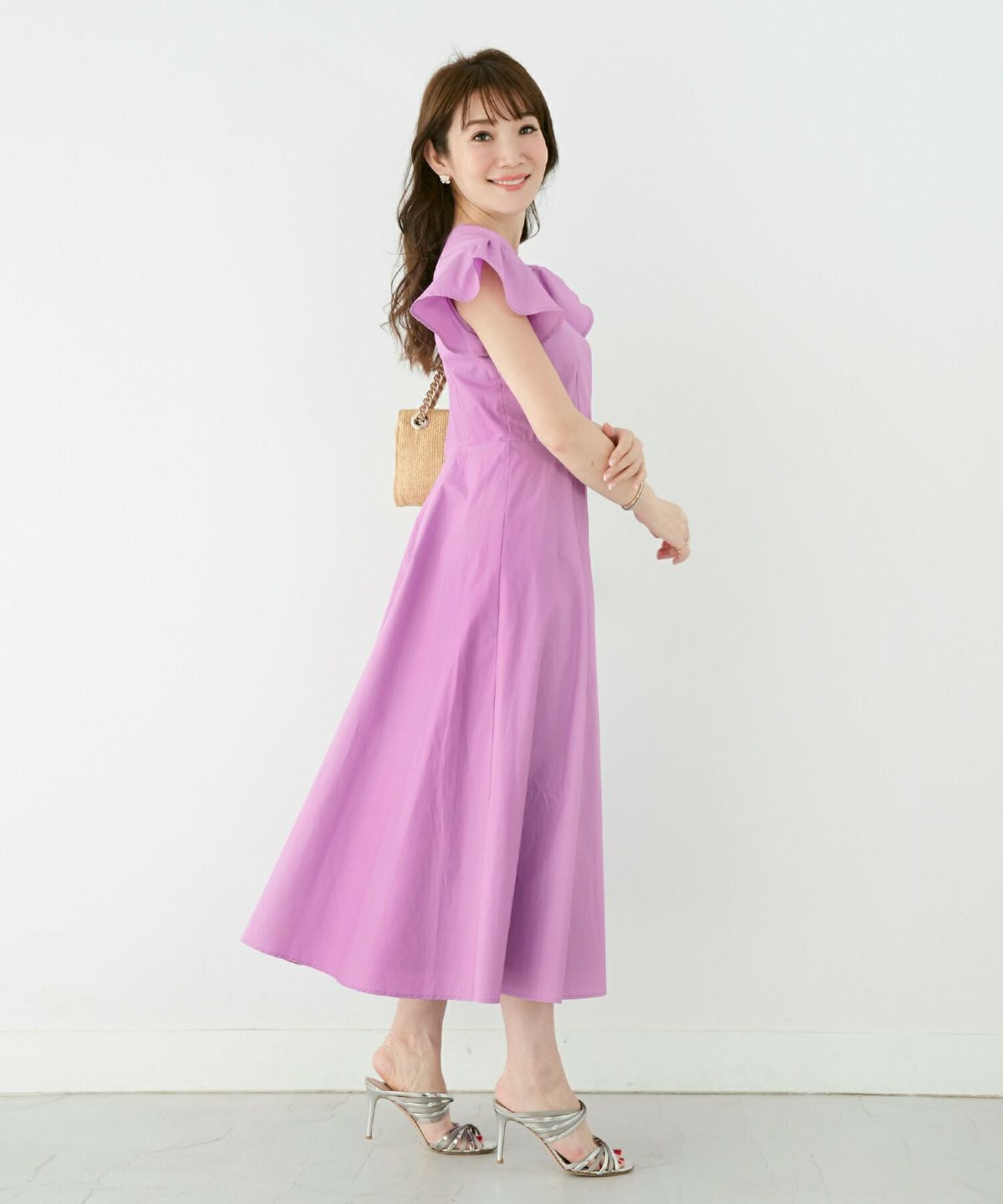 レディース/ワンピース/カシュクール/袖フレア/フィット＆フレア/綿100%/コットン100/手洗い可/洗える/ロング丈/ミモレ丈/S/M/イエロー/モーヴ/ブルーグリーン/