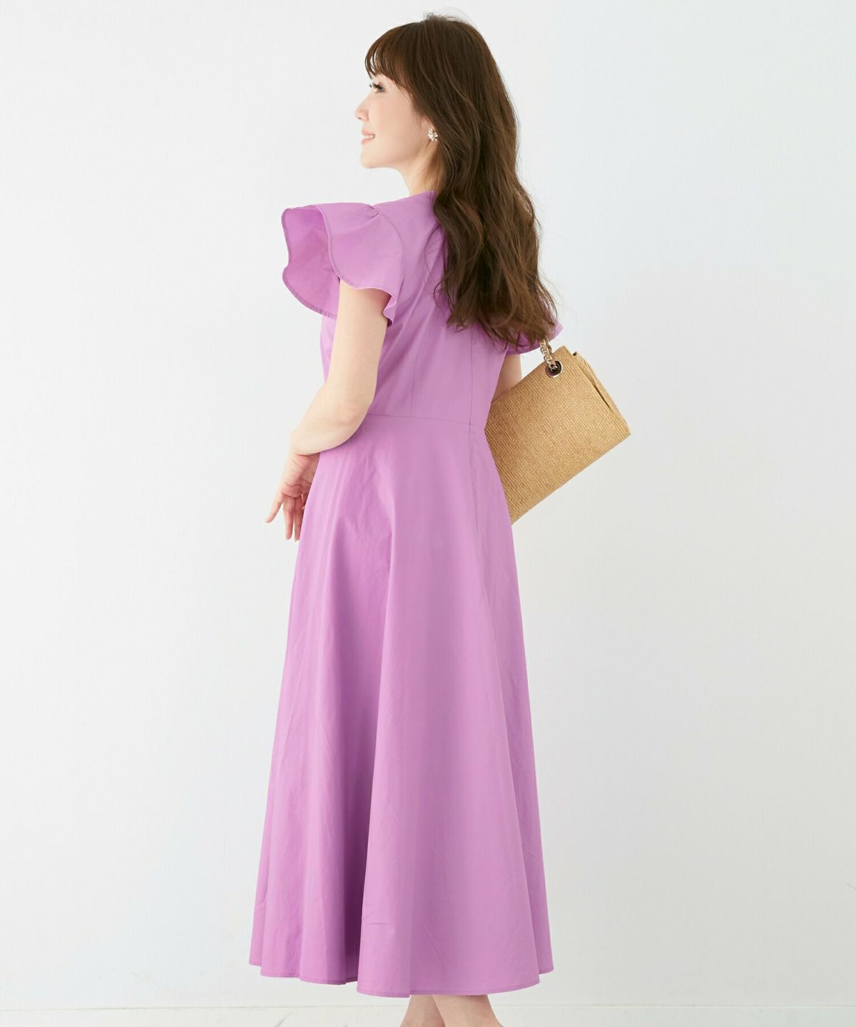 レディース/ワンピース/カシュクール/袖フレア/フィット＆フレア/綿100%/コットン100/手洗い可/洗える/ロング丈/ミモレ丈/S/M/イエロー/モーヴ/ブルーグリーン/