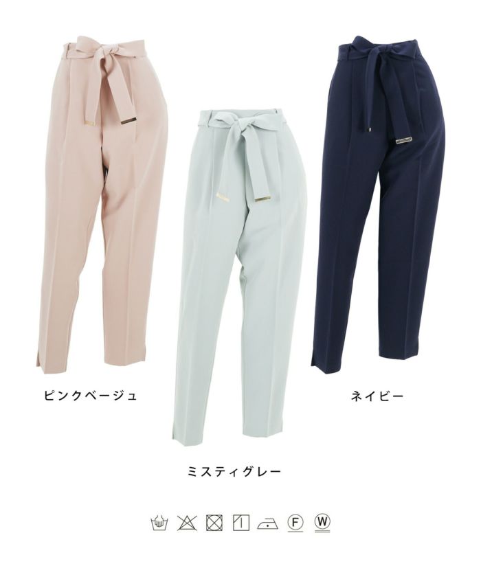 洗える/レディース/ボトムス/綺麗め/上品/春/夏/ゴールド/タックパンツ/ウエストタック/リボン/ベルト付/裏地付/ウエストゴム/後ろゴム/センタープレス/ピンクベージュ/ペールブルー/ネイビー