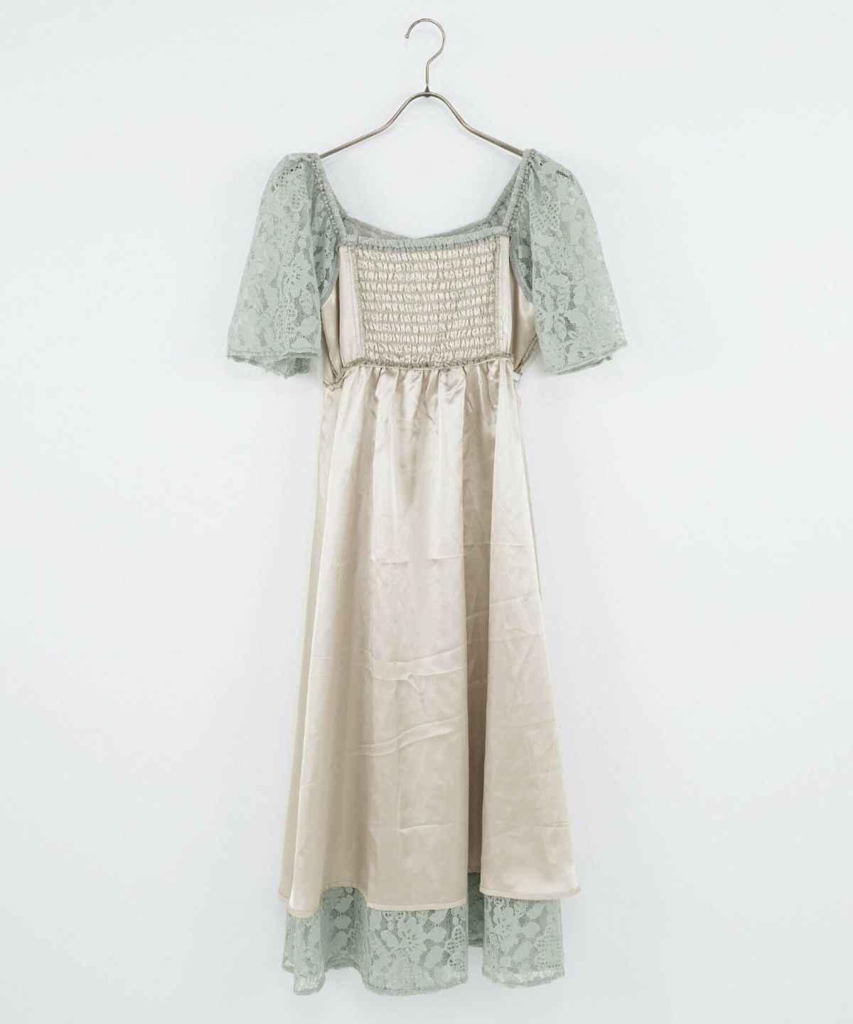 洗える/手洗い可/レディース/ワンピース/総レース/レース/スカラップ/半袖/ドレス/シャーリングゴム/ミモレ/フレア/お呼ばれ/パーティー/上品/フェミニン/綿/コットン/ナイロン/裏地/アイボリー/ホワイト/ミント/くすみ/トレンド/フレアスリーブ/可憐