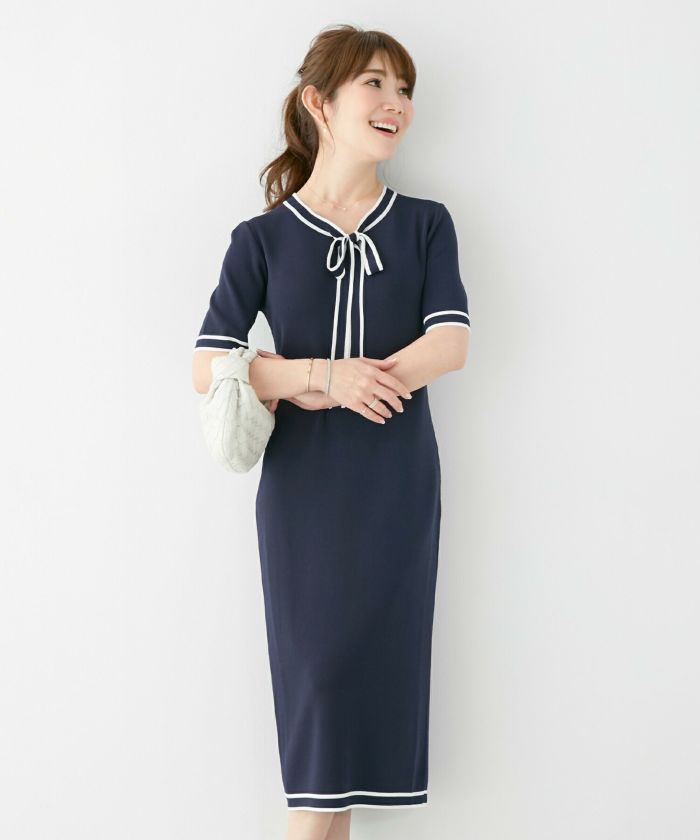 DRESS PLUS ハイウエストボウタイワンピース ブルー L AZUL BY MOUSSY ロングデニムワンピース L/BLU1 -ファッション