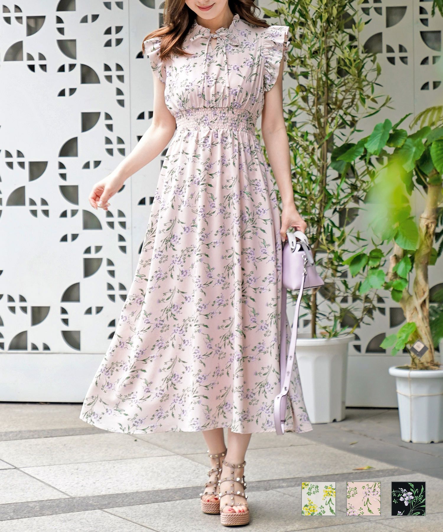 ワンピース 花柄 ウエストシャーリング 千葉由佳 And Cherim 全3色 Anc311 0135 1