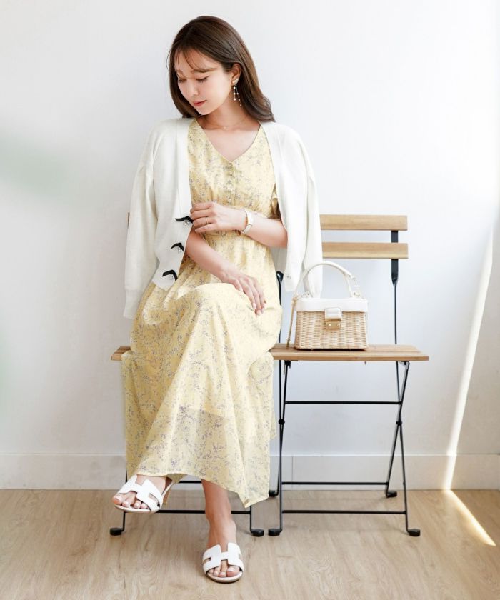 レディース/トップス/ニット/カーディガン/冷房対策/ビジュー/ビジューカーデ/リボン/グログランリボン/Vネック/強撚ニット/ホワイト/白/ピンク/ピンクベージュ/ネイビー/紺/袖タック/ドロップショルダー