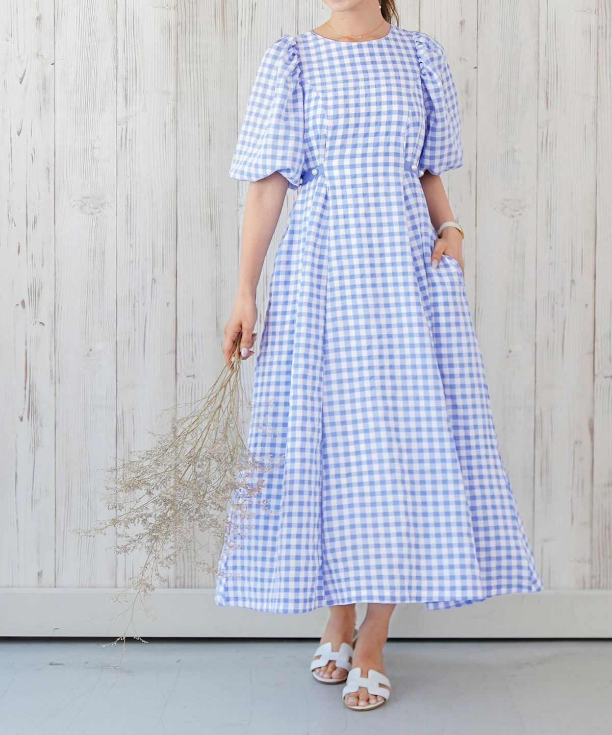 手洗い可/レディース/かぶりワンピース/夏/ギンガム/チェック/パール/リボン/バックリボン/ポケット/袖口ゴム/ブルー/ブラック/黒/バックリボン/フェミニン/大人可愛い/タック/ロングワンピース/マキシ/フェミニン/フレア/バックシャン