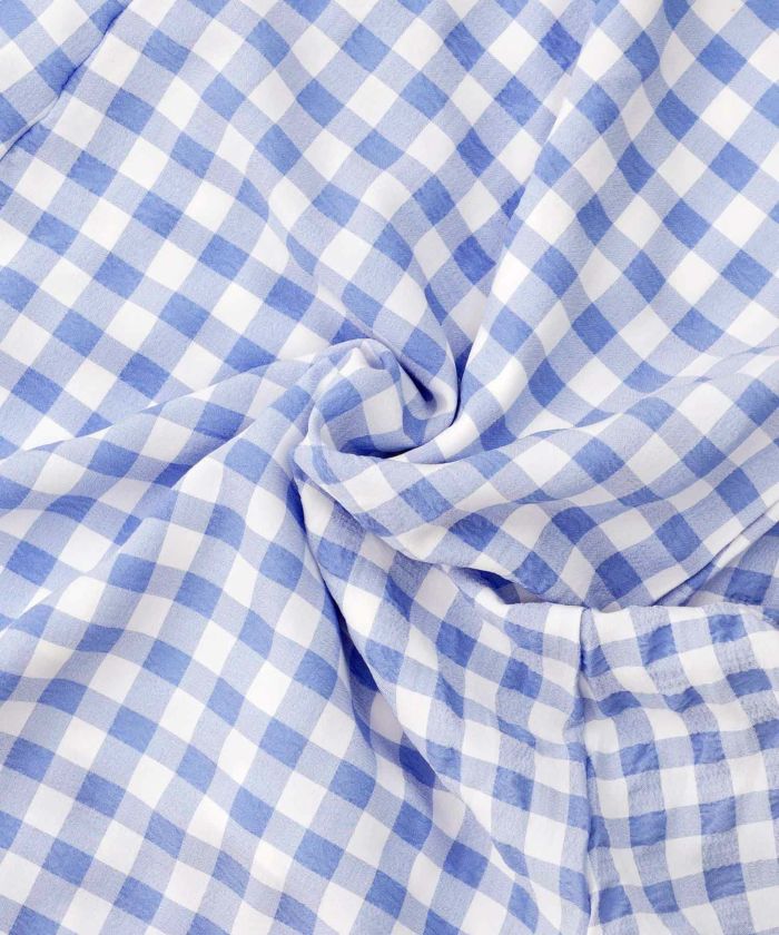 手洗い可/レディース/かぶりワンピース/夏/ギンガム/チェック/パール/リボン/バックリボン/ポケット/袖口ゴム/ブルー/ブラック/黒/バックリボン/フェミニン/大人可愛い/タック/ロングワンピース/マキシ/フェミニン/フレア/バックシャン