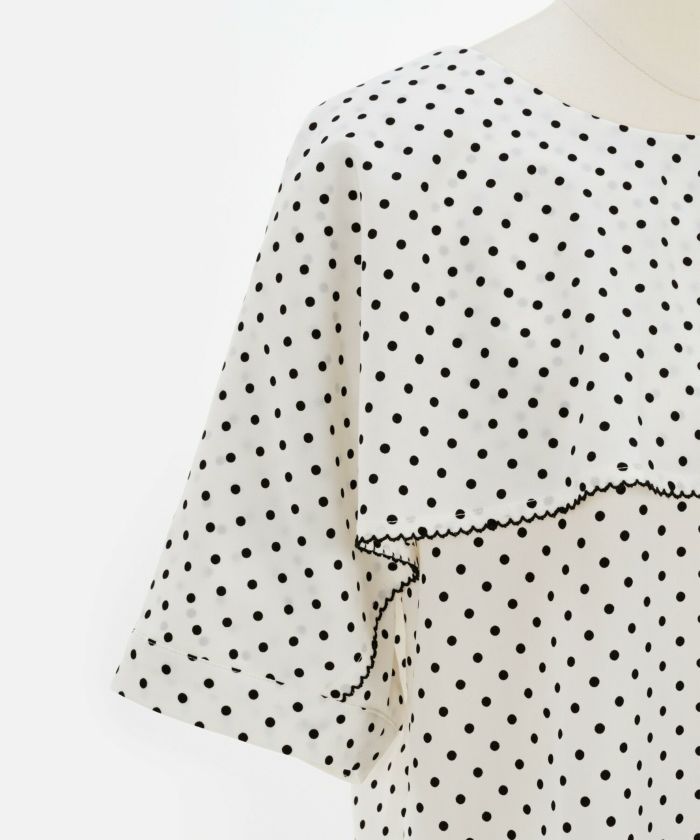 セレクト/プリマシェレル/PrimaScherrer/レディース/トップス/ブラウス/ドット/ヨークフリル/バイカラー/5分袖/ラウンドネック/背涙開き/洗える/サイドスリット/S/M/ブラック/アイボリー/ホワイト/