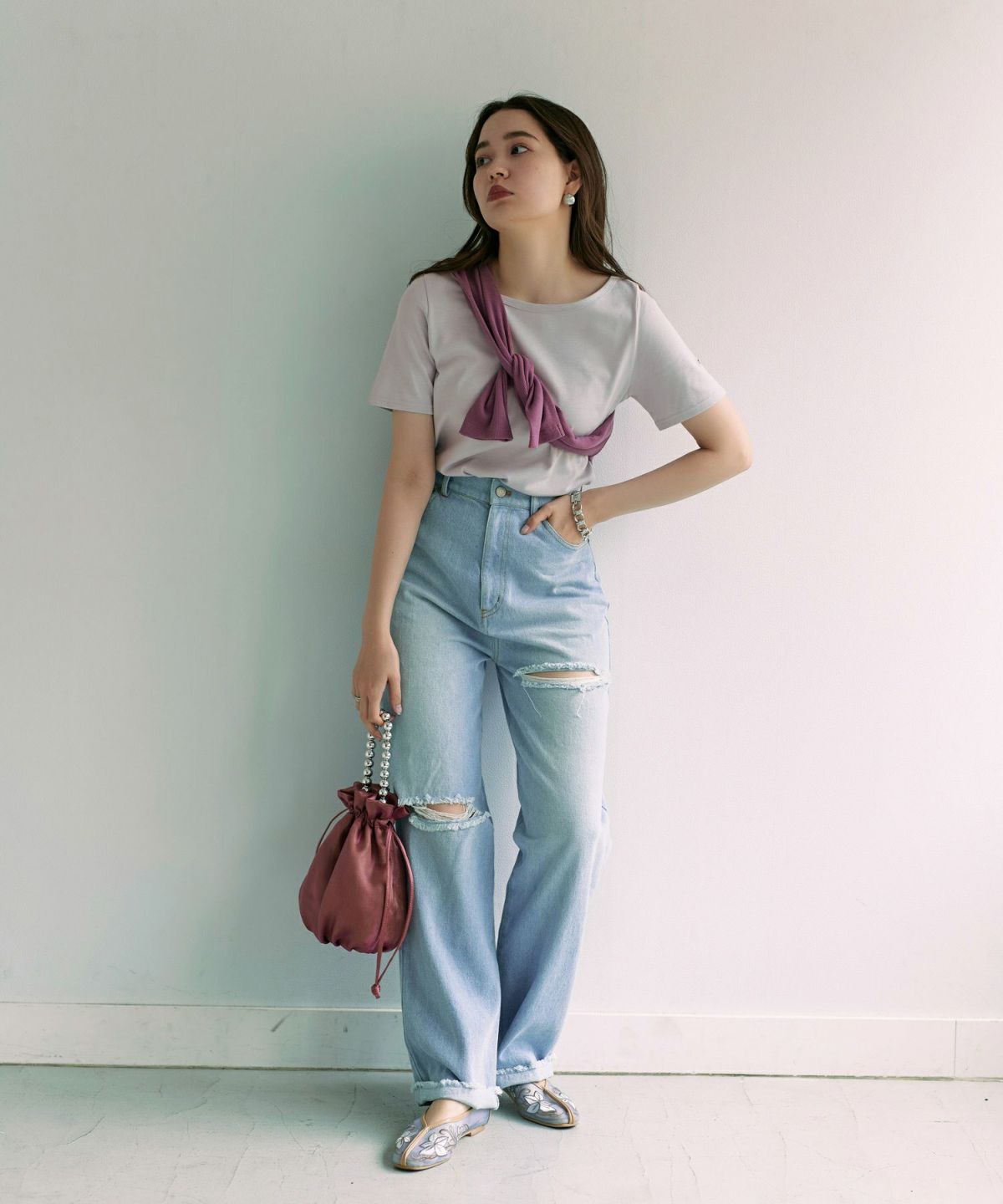 ホワイト/アイスブルー/ボートネック/半袖Tシャツ