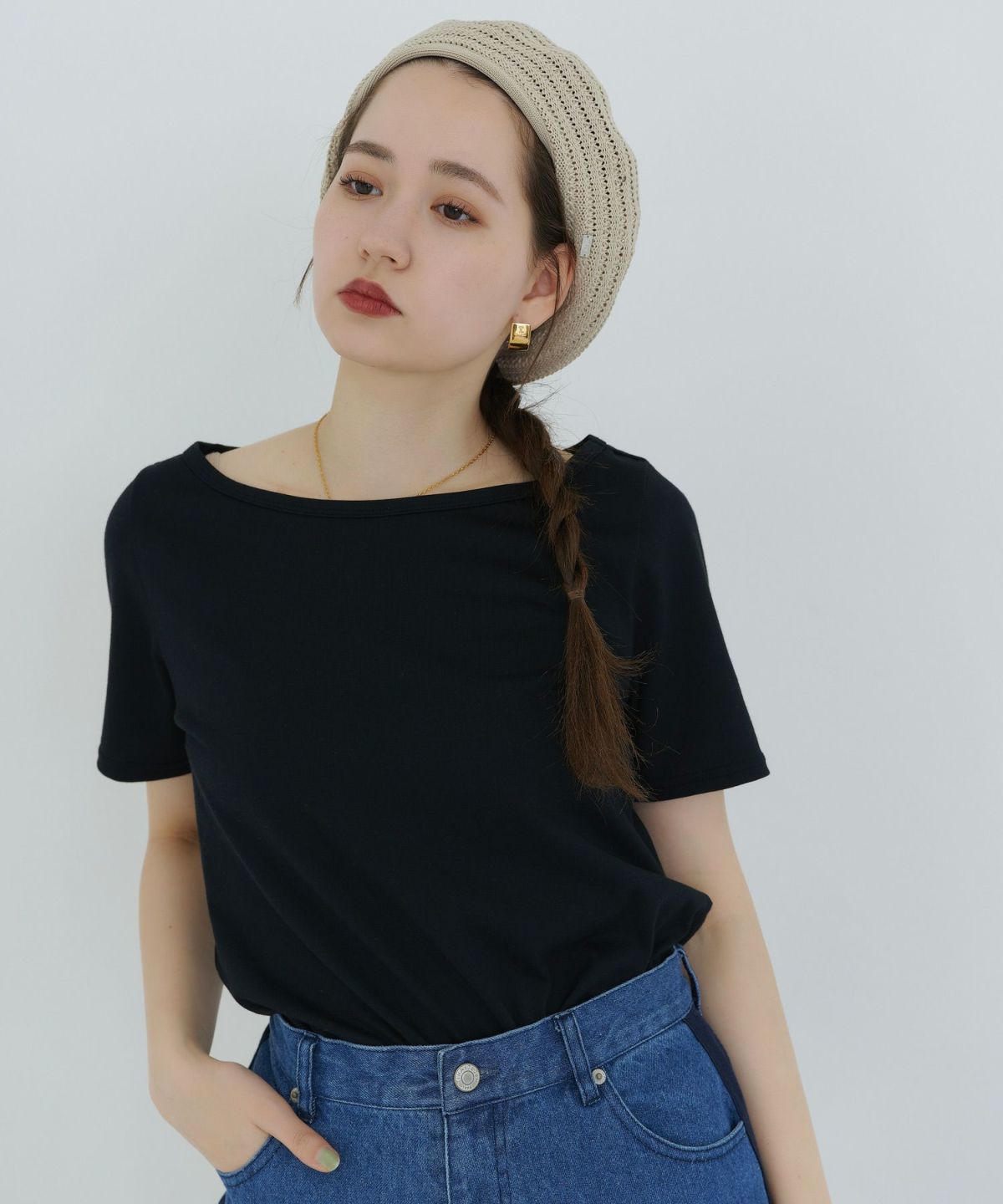 ホワイト/アイスブルー/ボートネック/半袖Tシャツ