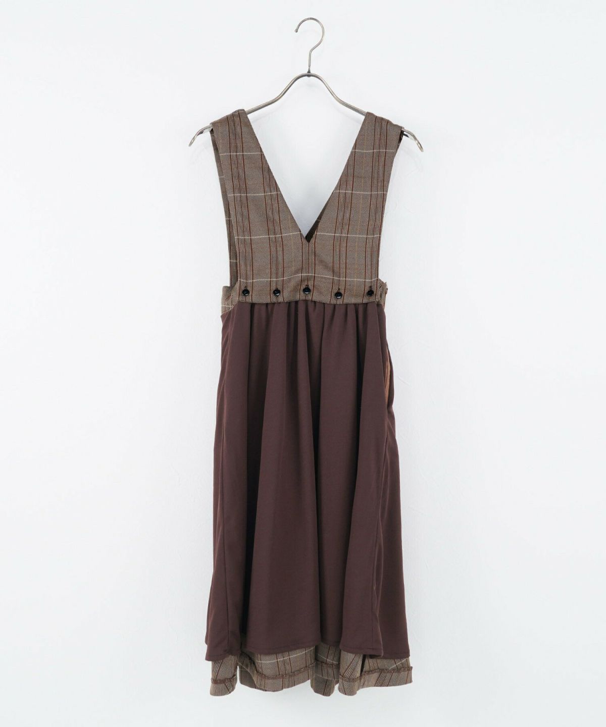 レディース/ジャンスカ/ジャンパースカート/スカート/2way/パール/チェック/ポケット/裏地/フレア/膝下丈/チェックスカート/ミモレ/Aライン/フェミニン/シンプル/大人女子/春/夏/秋/冬/ブラウン/ブラック