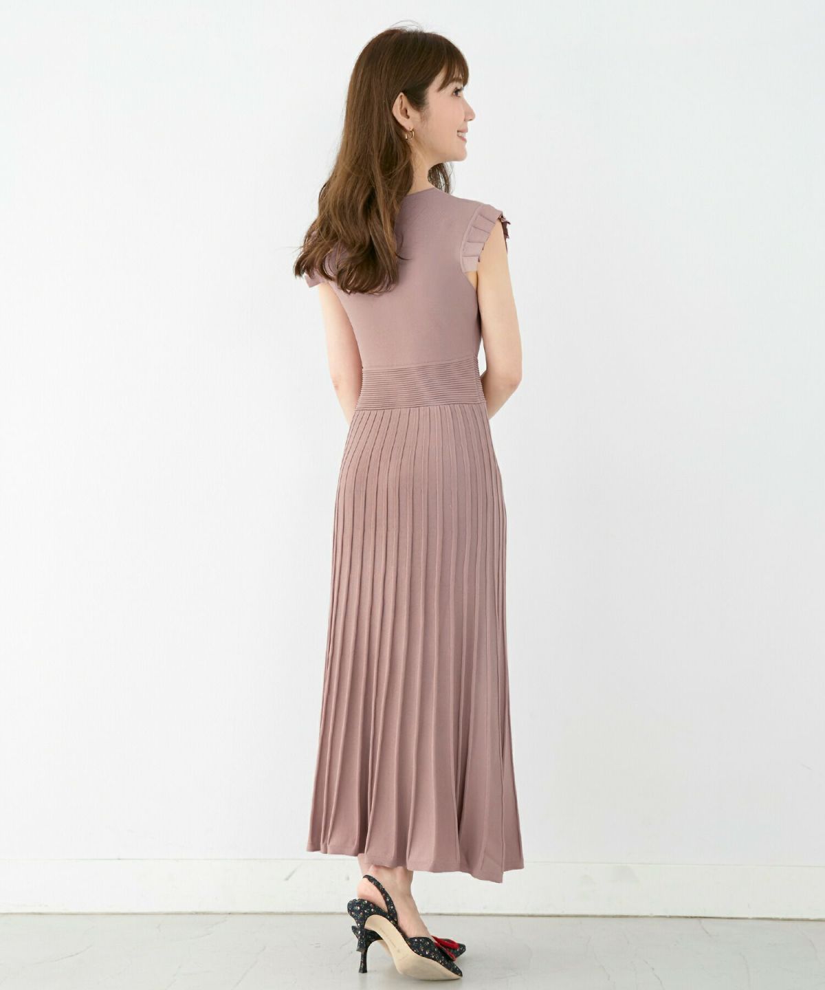 レディース/ニット/ワンピース/カシュクール/プリーツ/ウエスト切替え/フィット&フレア/モカピンク/ブルー/グレープ/ブラック/タックスリーブ/ウエストピンタック/ロング丈/上品/S/M/