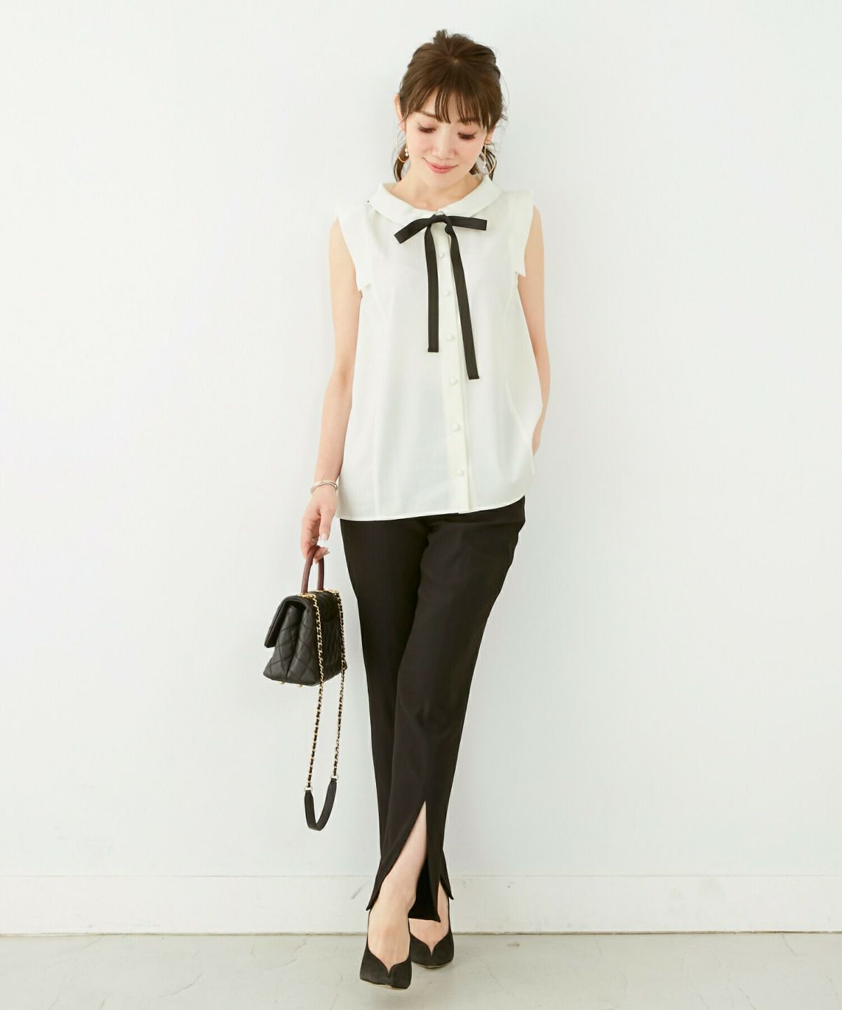 newcolor/手洗い可/襟付き/くるみ釦/ボウタイ/2WAY