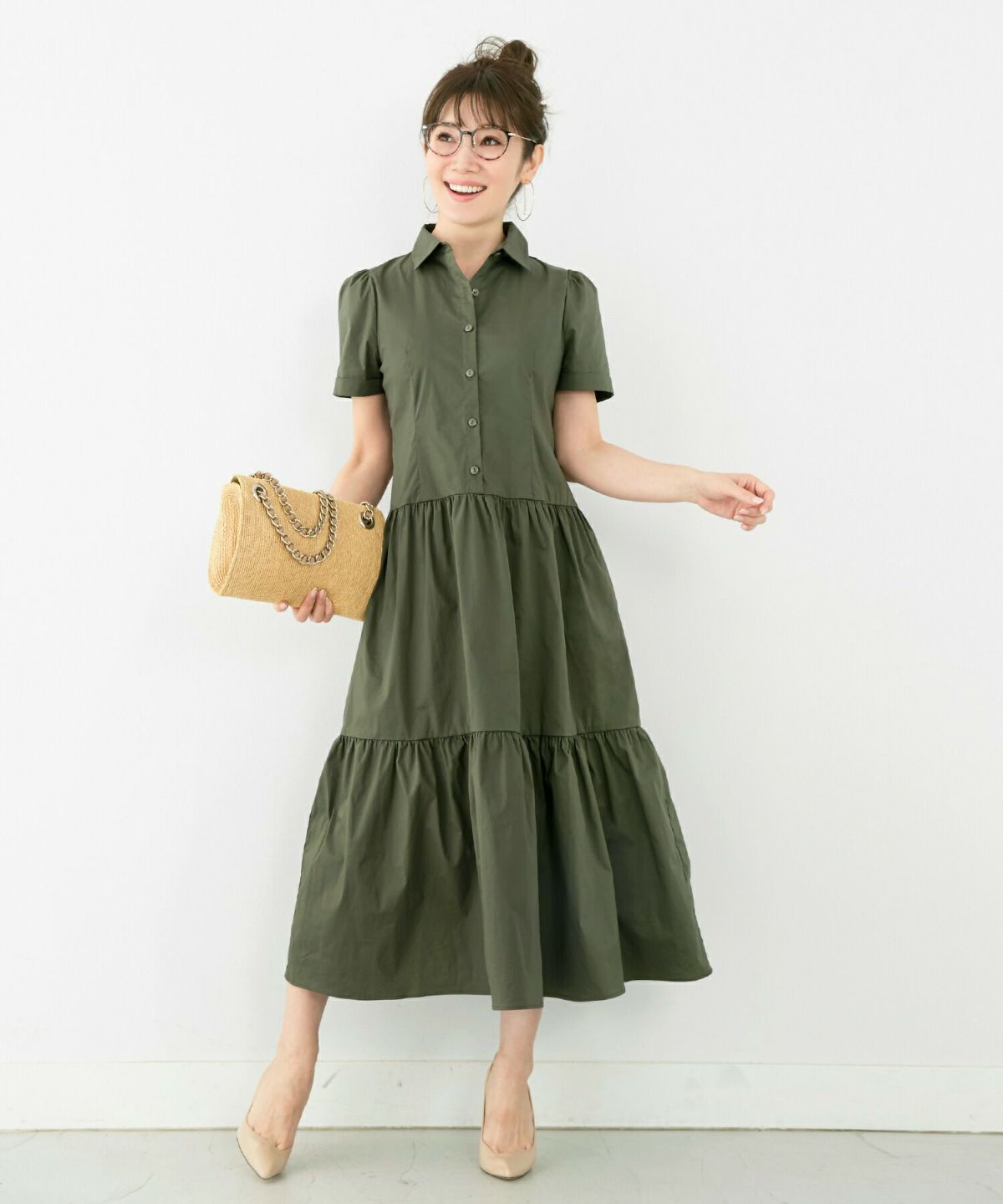 手洗い可/シャツワンピ/襟付き/パフスリーブ/フロントボタン/授乳/膝下丈