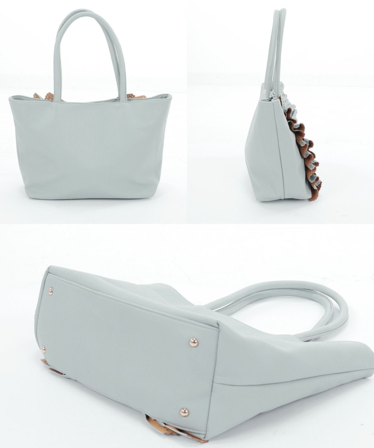 プリマシェレル/PrimaScherrer/トート/バッグ/カットワーク/フリル/合皮/フェイクレザー/チャーム/ポケット/ピンク/ブルー/パソコン/仕事/