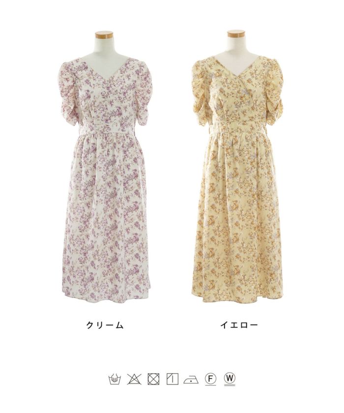 レディース/ワンピース/フラワー/カシュクール/Vネック/シフォン/花柄/袖シャーリング/5分袖/ウエスト切替/ウエストゴム/フレア/ロング丈/フェミニン/細見え/着痩せ/スタイルアップ/二の腕カバー/上品/夏/秋/春アイボリー/イエロー