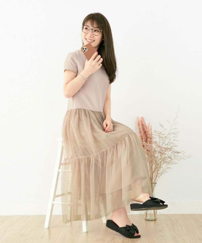 新品☆LETICIA レティシア ㈱キング/異素材組合せワンピース カットソー ワンピース チュール ティアード Liala×PG 全3色