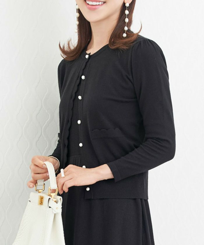 プリマシェレル/PrimaScherrer/レディース/トップス/ニット/カーディガン/スカラップ/パールボタン/羽織り/9分袖/手洗い/セットアップ対応商品/S/M/ピンク/モカ/ブラック/