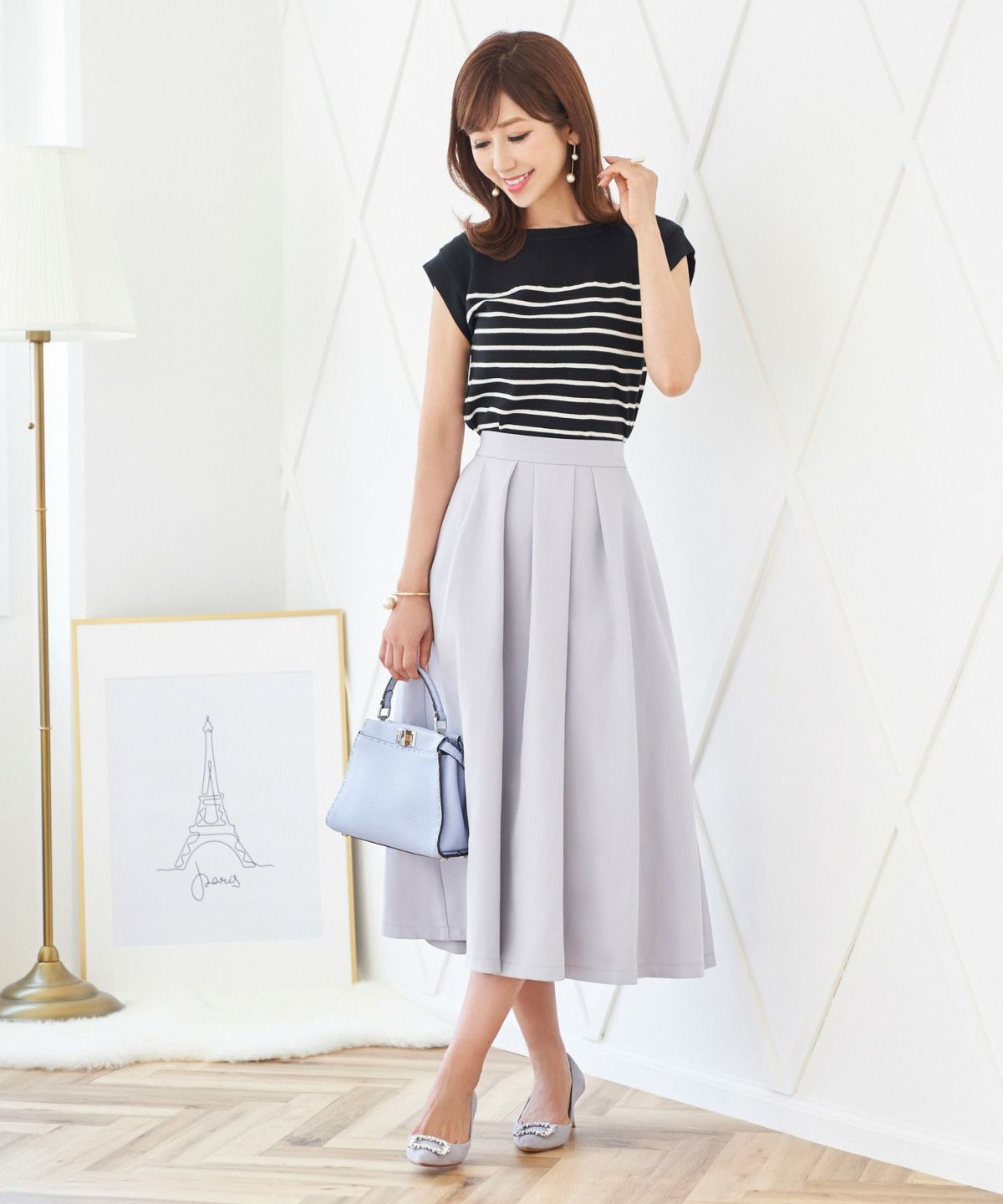 プリマシェレル/PrimaScherrer/ボトムス/スカート/ウエストタック/フレア/ミモレ丈/ウエストゴム/手洗い可/セットアップ対応可/ピンク/ブルー/キャメル/