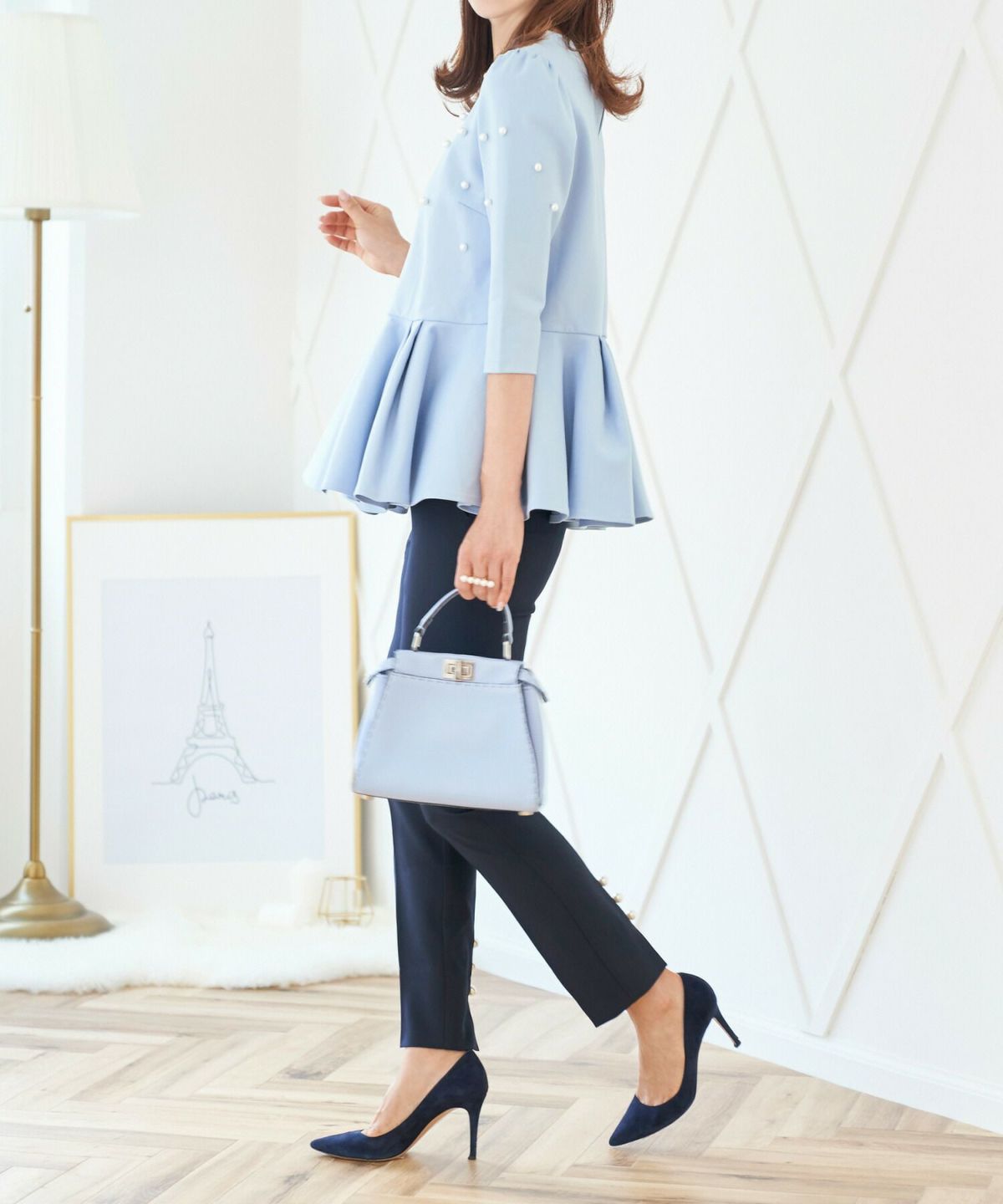 プリマシェレル/PrimaScherrer/七分袖/カットソー/パール/フレア/秋/S/M/ピンク/ブルー/ネイビー/フロントパール/タックプリーツ/フレア/イレヘム