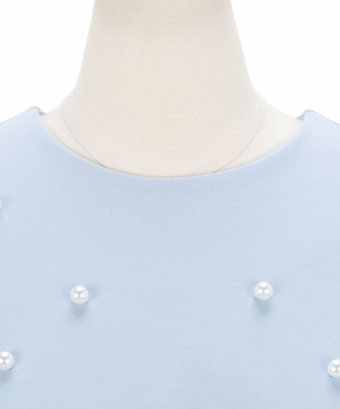 プリマシェレル/PrimaScherrer/七分袖/カットソー/パール/フレア/秋/S/M/ピンク/ブルー/ネイビー/フロントパール/タックプリーツ/フレア/イレヘム