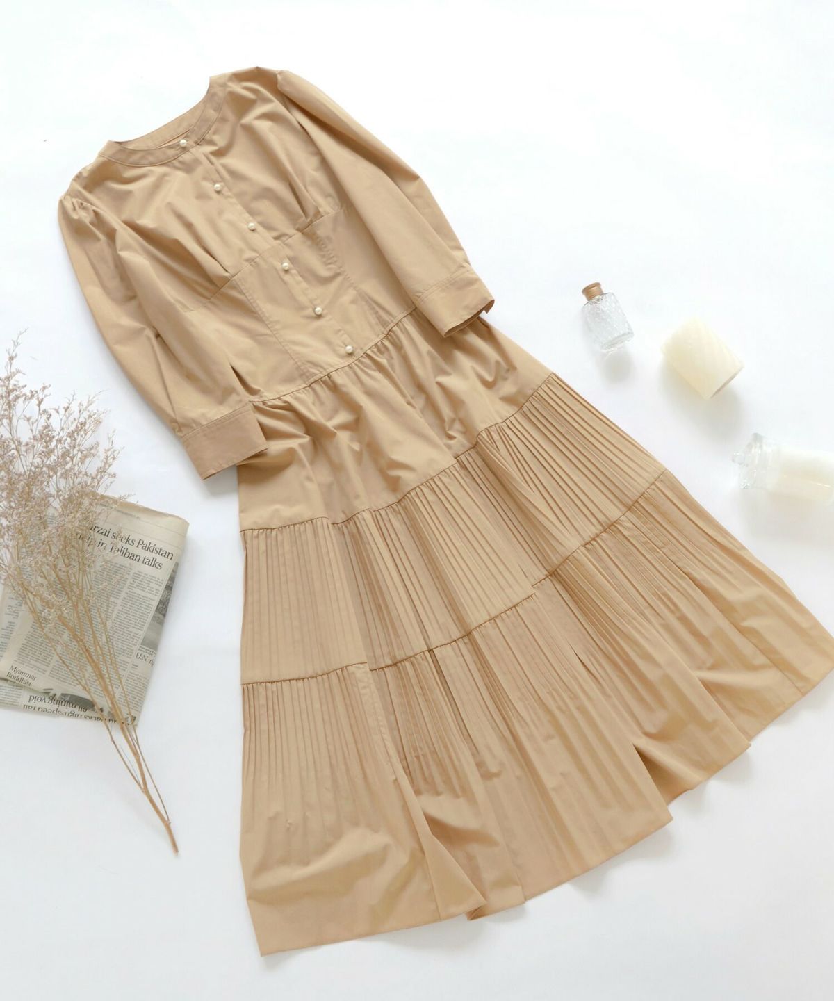 レディース/ワンピース/プリーツ/フロントボタン/ロング丈/パール/授乳/S/M/ピンク/ベージュ/ネイビー/綿混/コットン/