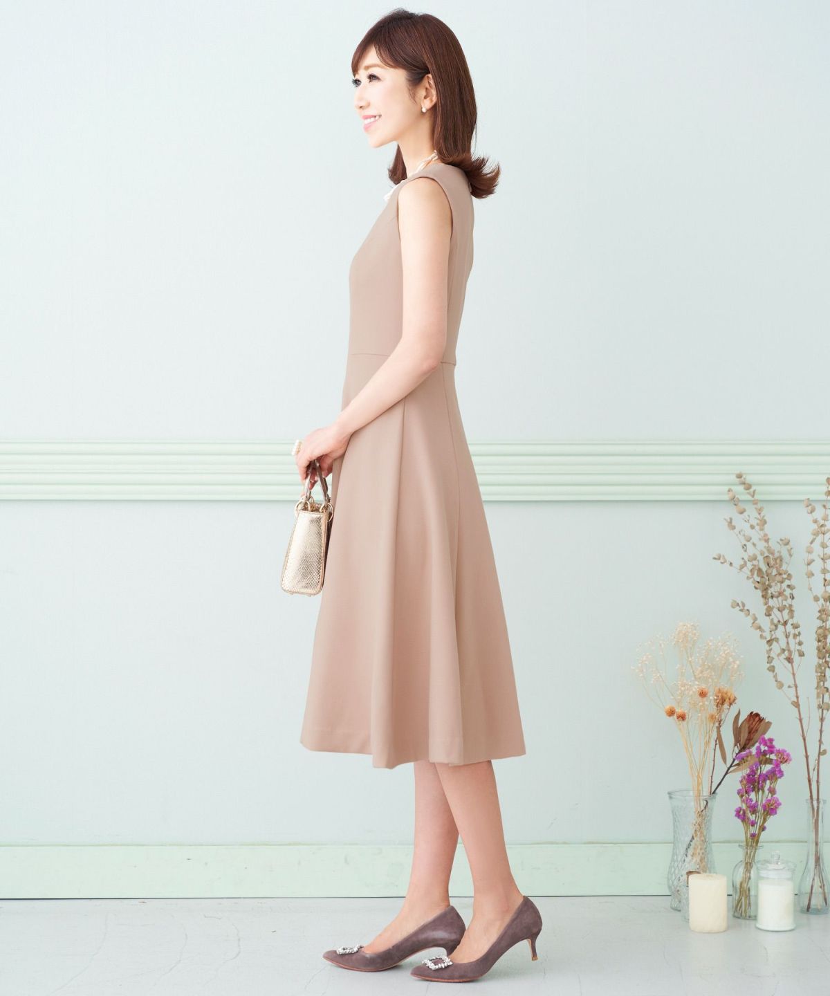 レディース/ワンピース/エレガント/プリンセスライン/S/M/ピンク/ピンクベージュ/チャコール/上品/フィット＆フレア/シンプル/秋冬