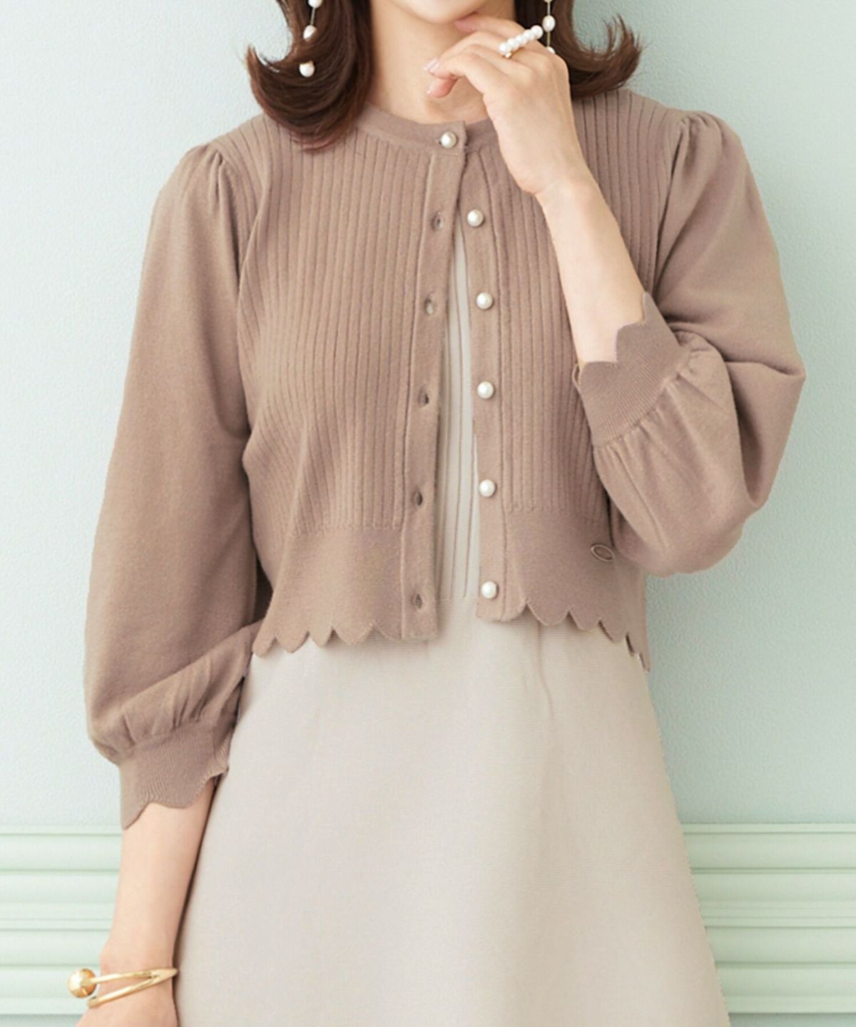 プリマシェレル/PrimaScherrer/レディース/トップス/ニット/カーディガン/スカラップ/パールボタン/パール釦/リブ編み/ボレロ/羽織り/7分袖/S/M/ピンク/モカ/ブルー/