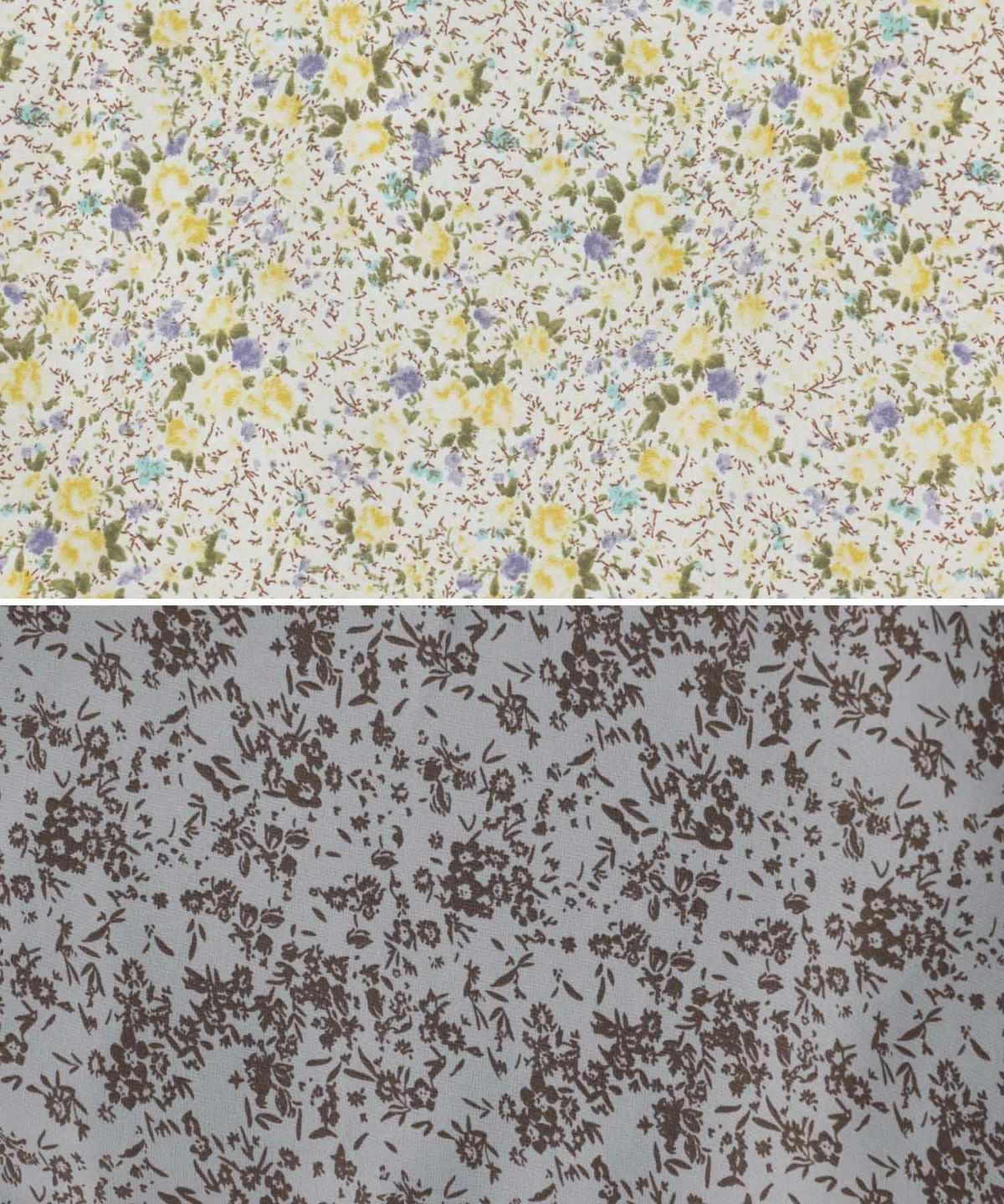 レディース/ワンピース/フラワー/花/小花柄/ドロストスリーブ/ウエストゴム/パイピング/ロング/大人可愛い/上品/クラシカル/スクエアネック/Vネック/スクエアVネック/アイボリー/ブルー/くすみカラー/フェミニン/ウエスト切替/裏地/5分/6分/7分