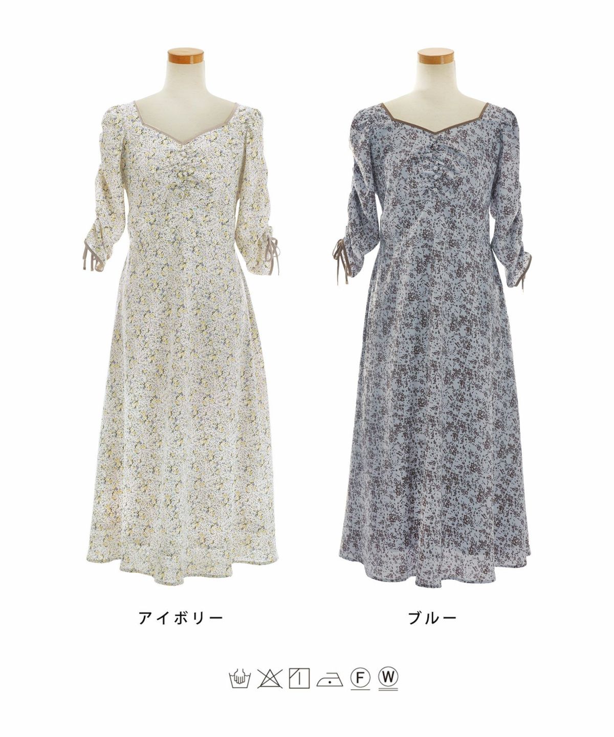 レディース/ワンピース/フラワー/花/小花柄/ドロストスリーブ/ウエストゴム/パイピング/ロング/大人可愛い/上品/クラシカル/スクエアネック/Vネック/スクエアVネック/アイボリー/ブルー/くすみカラー/フェミニン/ウエスト切替/裏地/5分/6分/7分