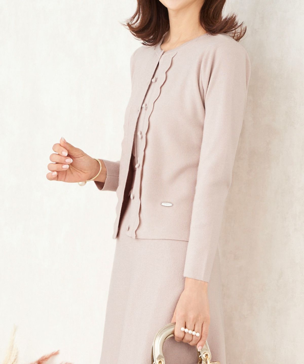 プリマシェレル/PrimaScherrer/レディース/トップス/ニット/カーディガン/スカラップ/フリル/羽織り/9分袖/くるみボタン/セットアップ対応商品/S/M/ベージュ/ピンク/ブラック/