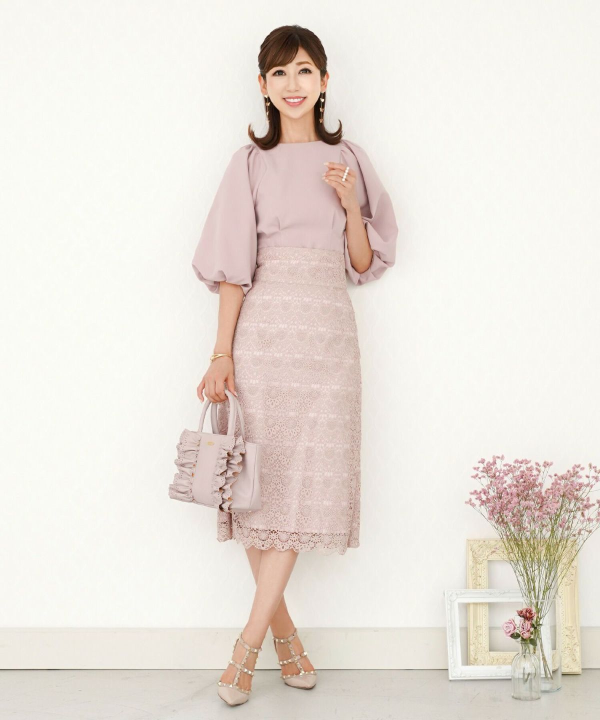 レディース/スカート/ミモレ丈/スカラップ/刺繍レース/総レース/タイトスカート/ハイウエスト/S/M/パステルカラー/ピンク/ベージュ/ブルー/くすみ