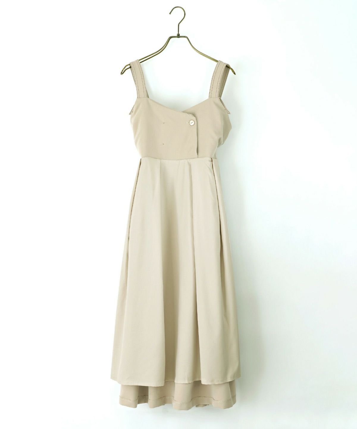 手洗い可/レディース/ワンピース/キャミワンピ/トレンチワンピ/トレンチ風/配色ステッチ/長さ調節/ジャンスカ/大人かわいい/秋/冬/春/ストレッチ/伸びる/伸縮性/ベージュ/ネイビー/ボタン/トレンド/ウエストリボン/クラシカル/トレンチジャンスカ