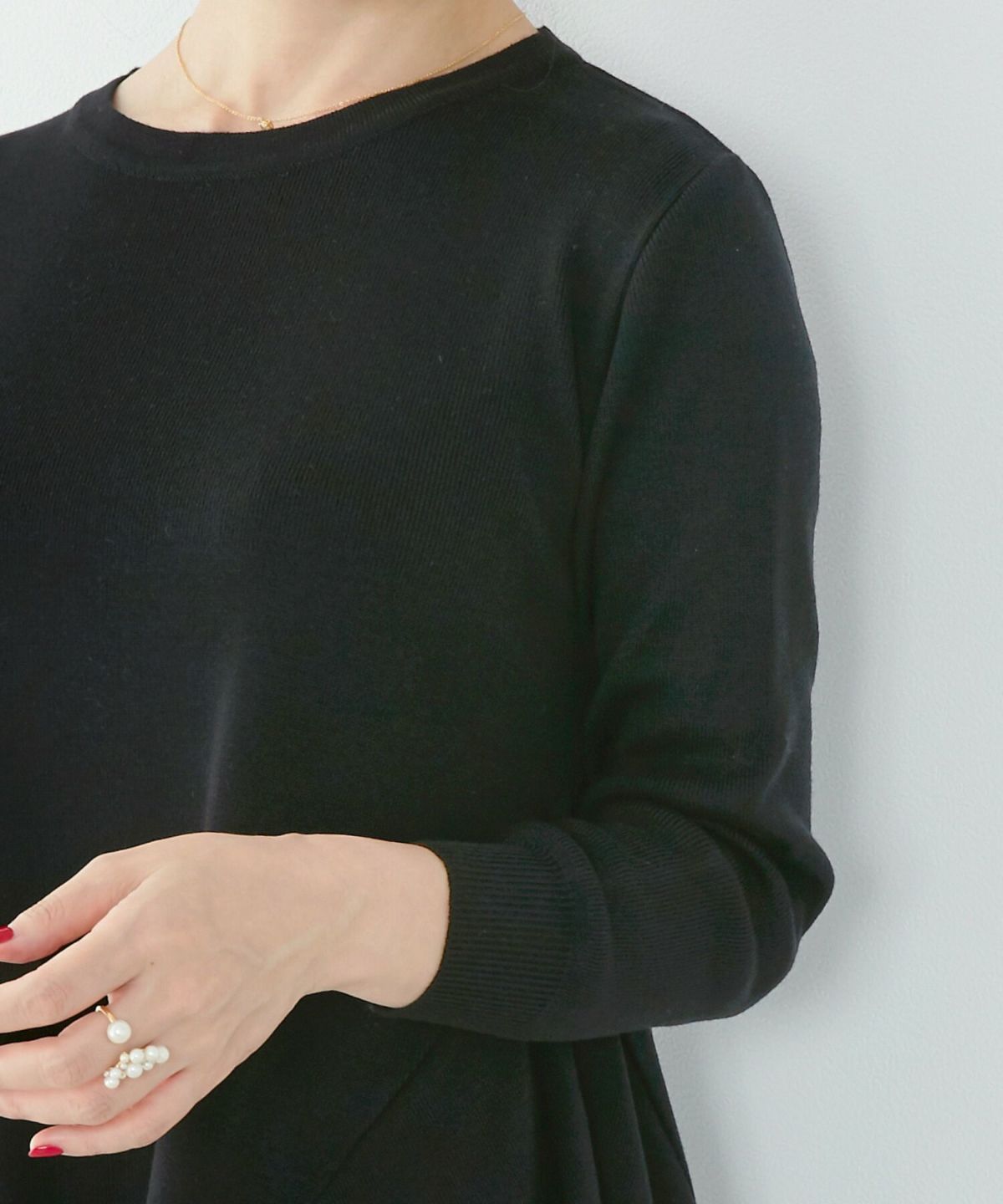 日本製/長袖/イレヘム/上品/きれいめ/ラウンドネック/ピンク/サックス/ブラック/体型カバー/チュニック/パンツスタイル/晩夏/秋/冬/S/M