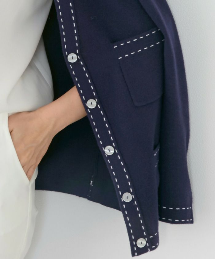 手洗い可/長袖/セットアップ対応/ポケット/Vネック/バイカラー/ステッチ