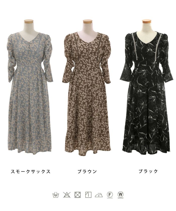 手洗い可/レディース/ワンピース/秋/冬/花柄/シフォン/くるみボタン/レース/パワーショルダー/パワショル/7分袖/アイボリー/ブラック/白/黒/モノトーン/フェミニンシック/大人可愛い