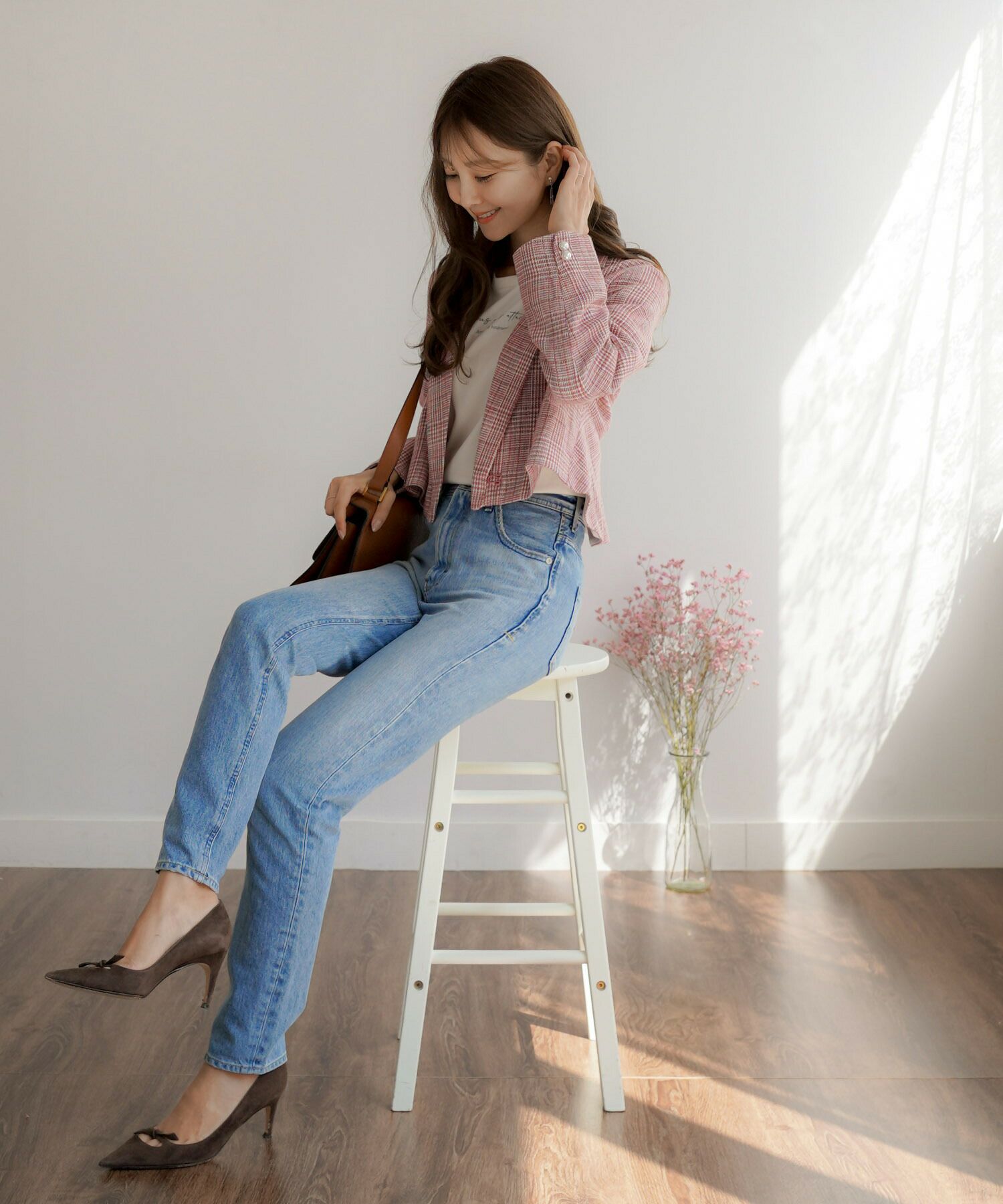 レディース/ジャケット/アウター/グレンチェック/チェック/ショート丈/秋/テーラード/長袖/ピンク/ブラウン/クラシカル/上品/大人可愛い