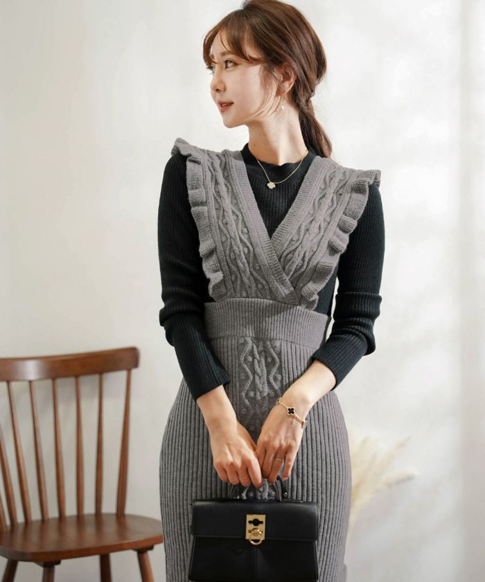 ニットワンピース クロスレイヤード ケーブル編み le reve