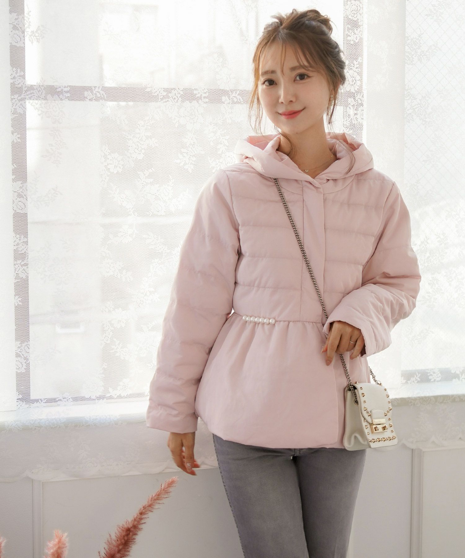 フェイクダウンコート ペプラムデザイン パール＆ロゴチャーム le reve  