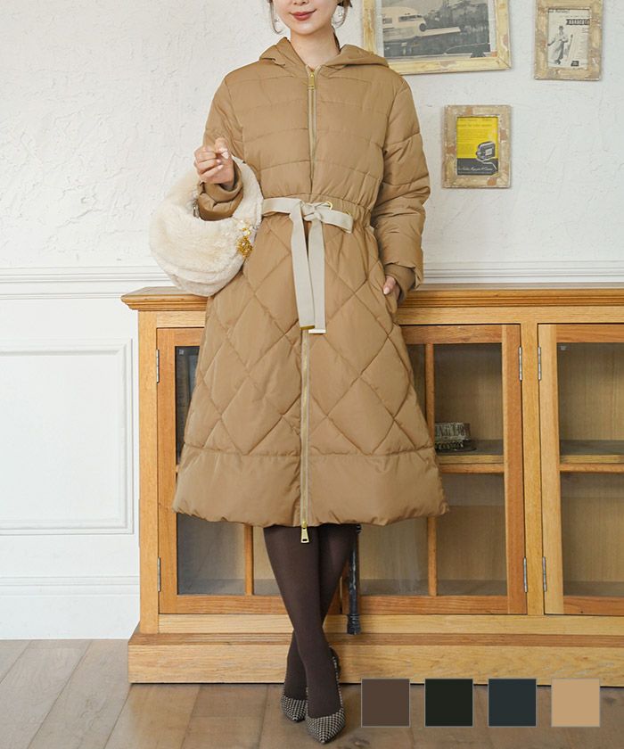 フェイクダウン ロングコート ウエストリボン ＆ ロゴチャーム le reve  