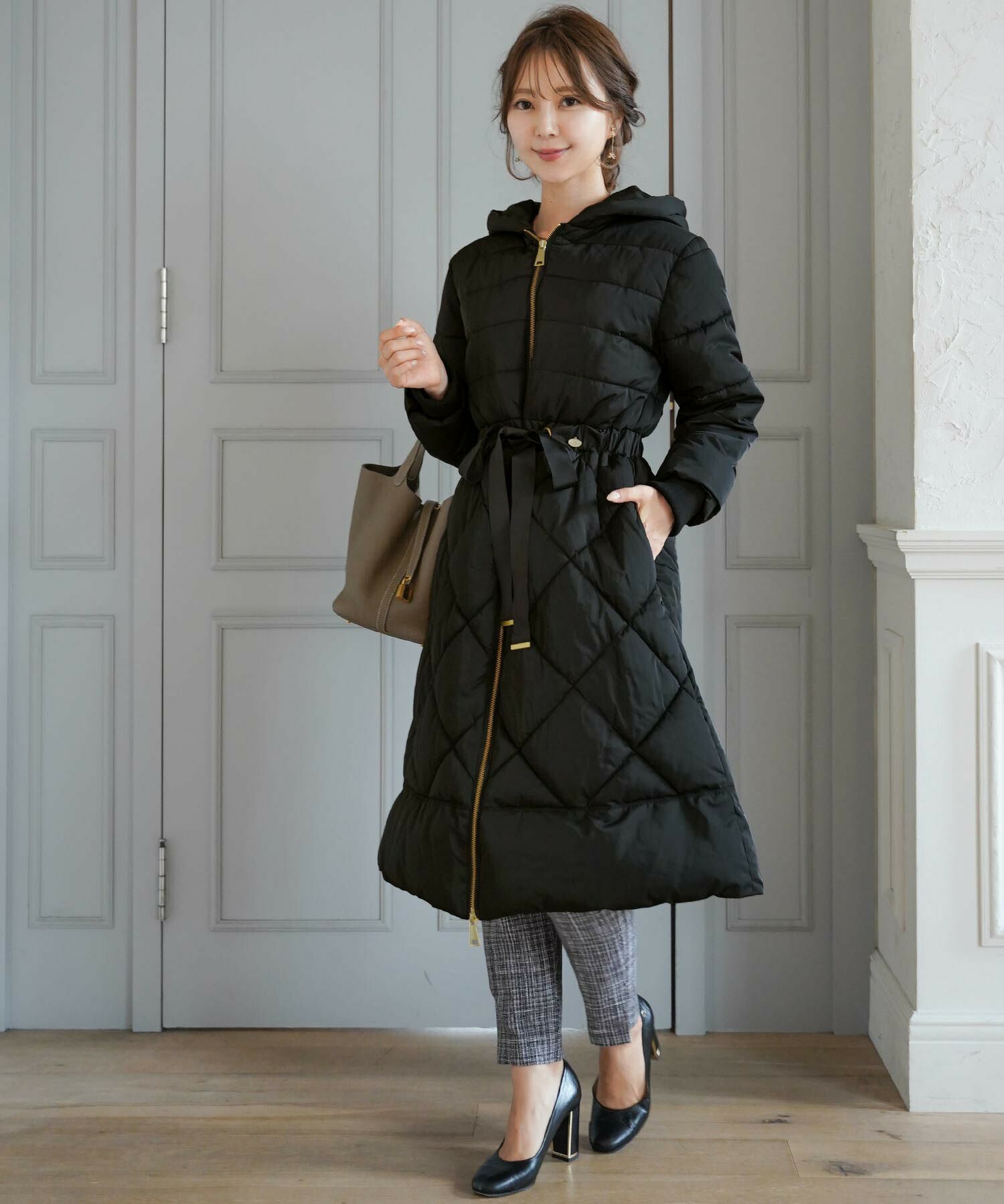 フェイクダウン ロングコート ウエストリボン ロゴチャーム Le Reve Vaniller 全4色 Lvn112 1319 4