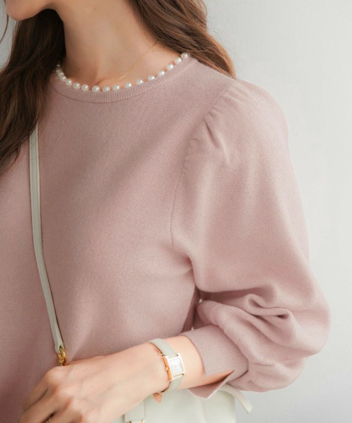 レディース/トップス/ニット/プルオーバー/ペプラム/パール/クルーネック/パフスリーブ/ギャザー/長袖/アイボリー/ピンク/ブラック