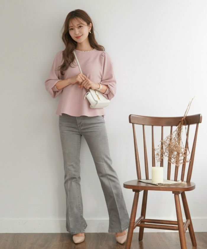 レディース/トップス/ニット/プルオーバー/ペプラム/パール/クルーネック/パフスリーブ/ギャザー/長袖/アイボリー/ピンク/ブラック