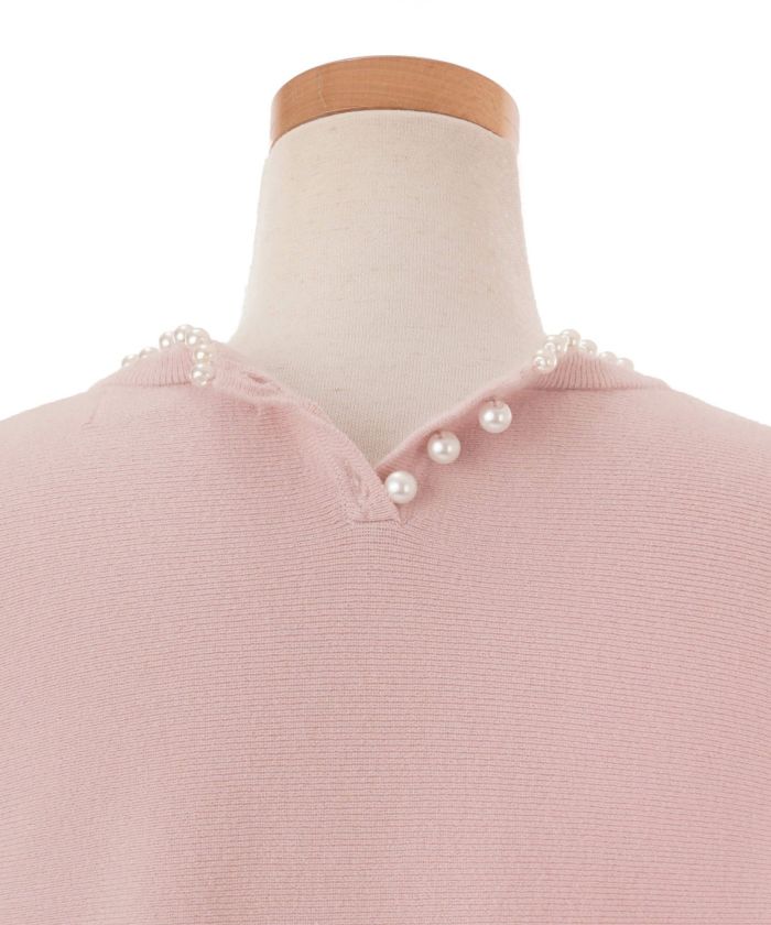 レディース/トップス/ニット/プルオーバー/ペプラム/パール/クルーネック/パフスリーブ/ギャザー/長袖/アイボリー/ピンク/ブラック