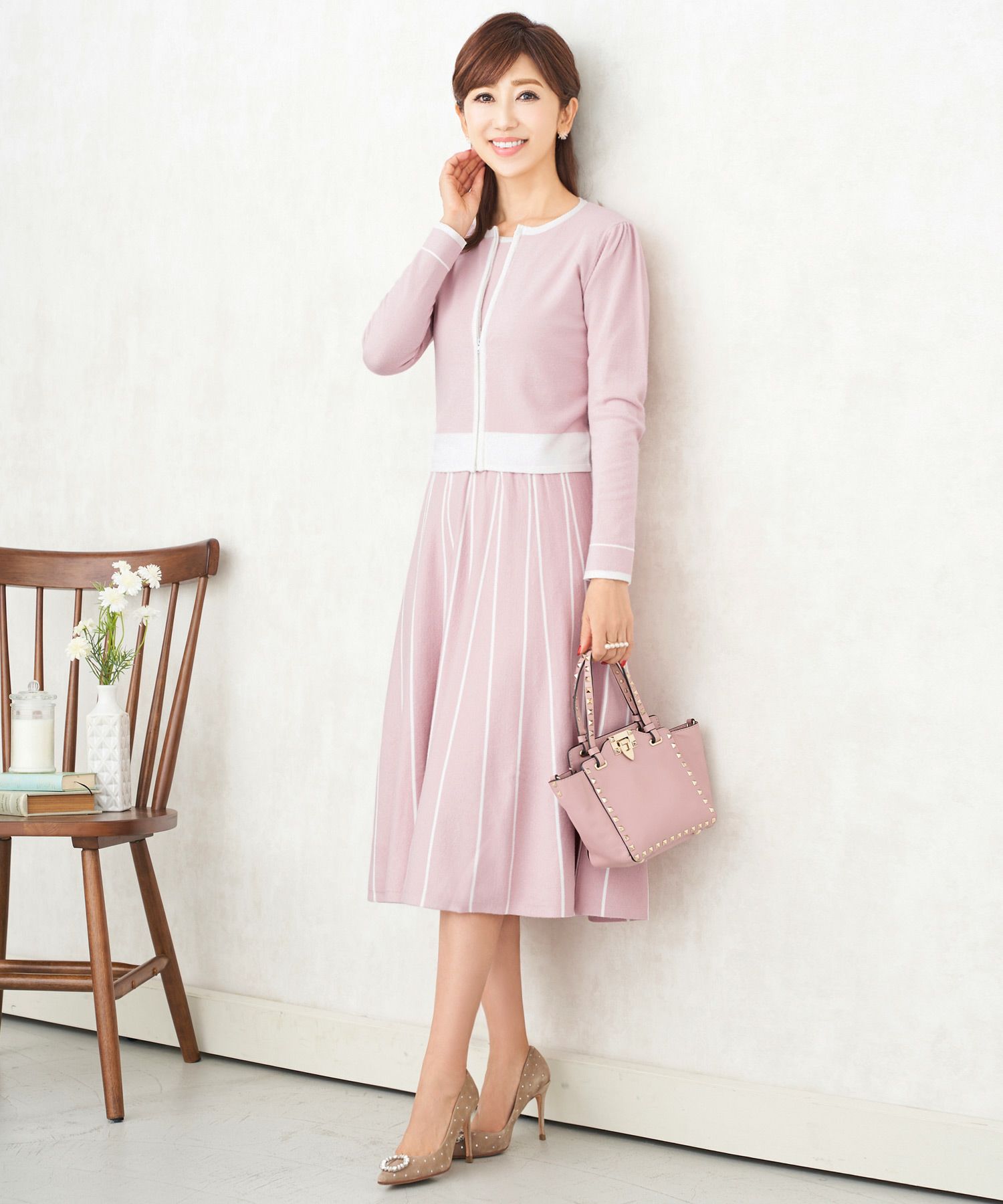 新色追加/プリマシェレル/PrimaScherrer/レディース/トップス/ニット/ハイゲージニット/ピンク/ピンクベージュ/ブラックファスナー/長袖/羽織り/ニットジャケット/上品/セットアップ対応/S/M