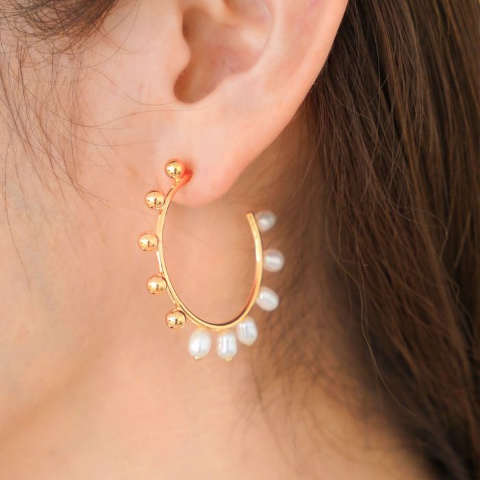 ハーフ パール フープ ピアス イヤリング Half Pearl Hoop Pierce Earring