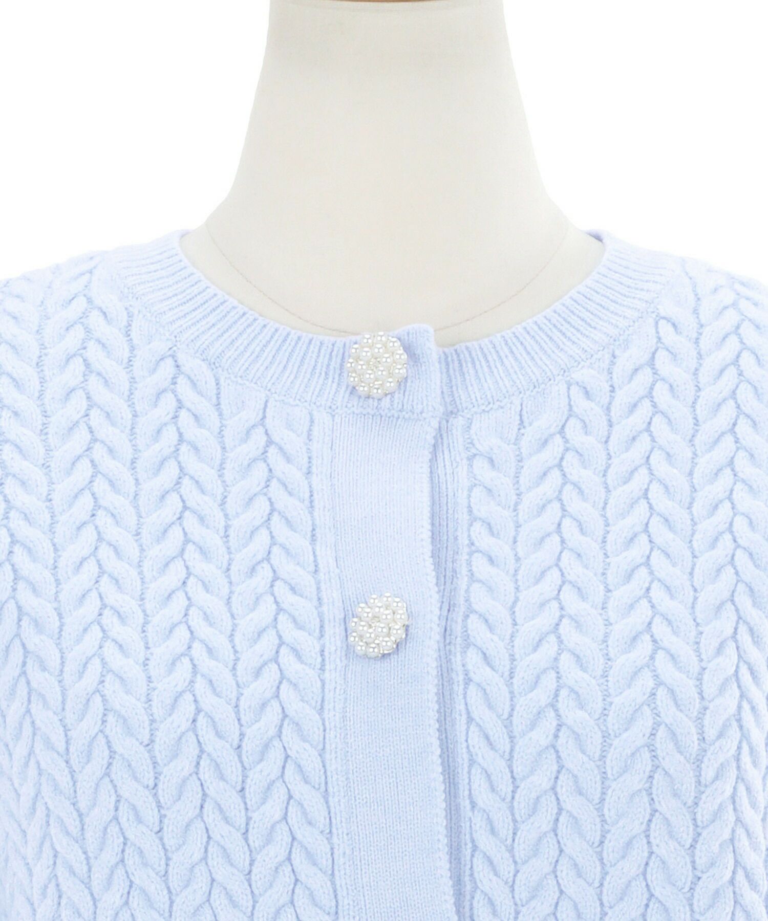 ケーブルニット/ビジューボタン/パール/パステルカラー/S/M/プリマシェレル/PrimaScherrer/レディース/トップス/ニット/ハイゲージニット/キレイめ/飾りボタン/上品/春/春色/ピンク/サックス/ネイビー/9分袖/リブ/立体