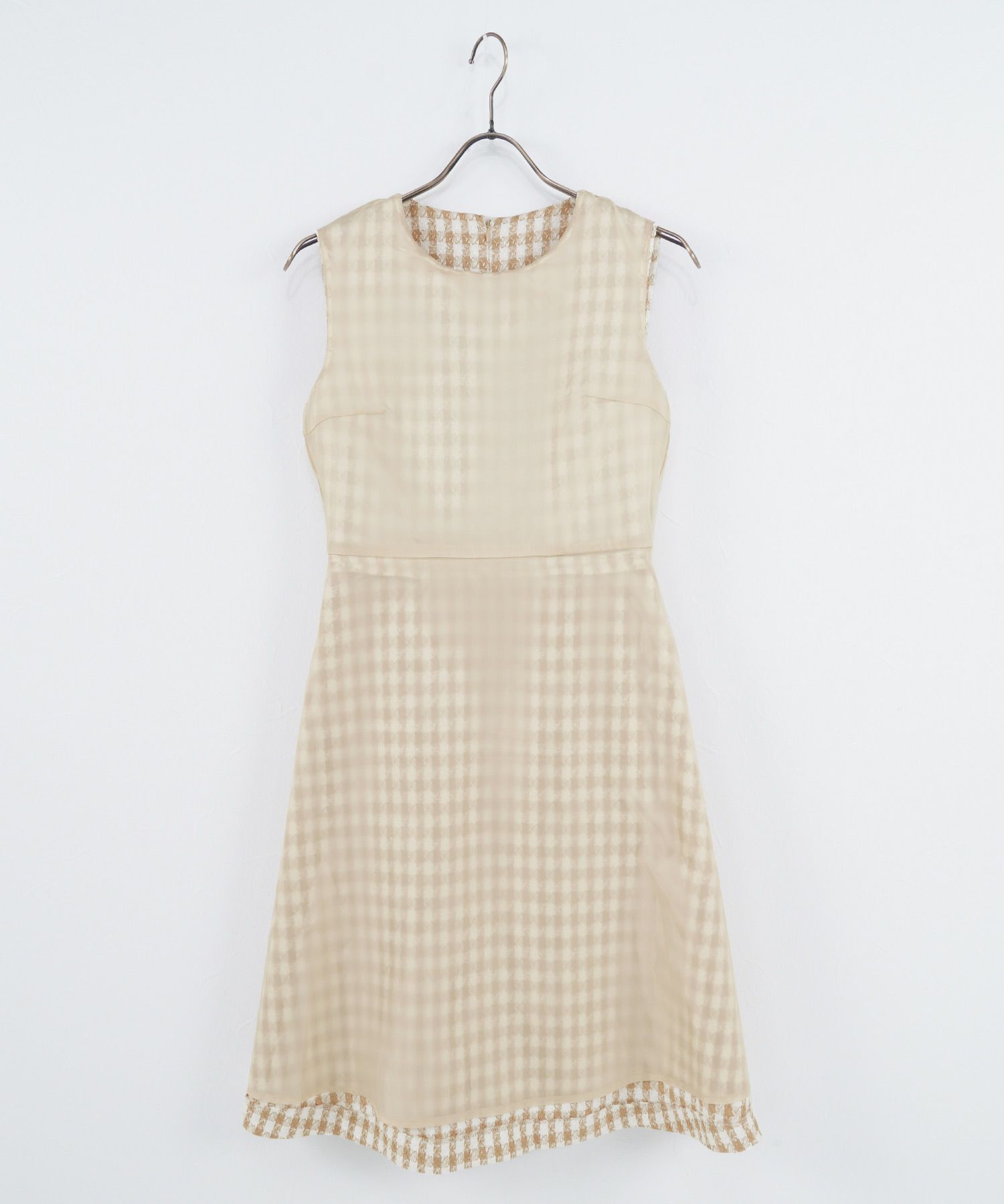 ノースリーブ/ギンガムチェック/フロントポケット/上品/S/M/プリマシェレル/PrimaScherrer/レディース/ベージュ/ライトグリーン/ブラック/チェック/エレガント/ツイードワンピース/きれいめ/春/夏/オールシーズン