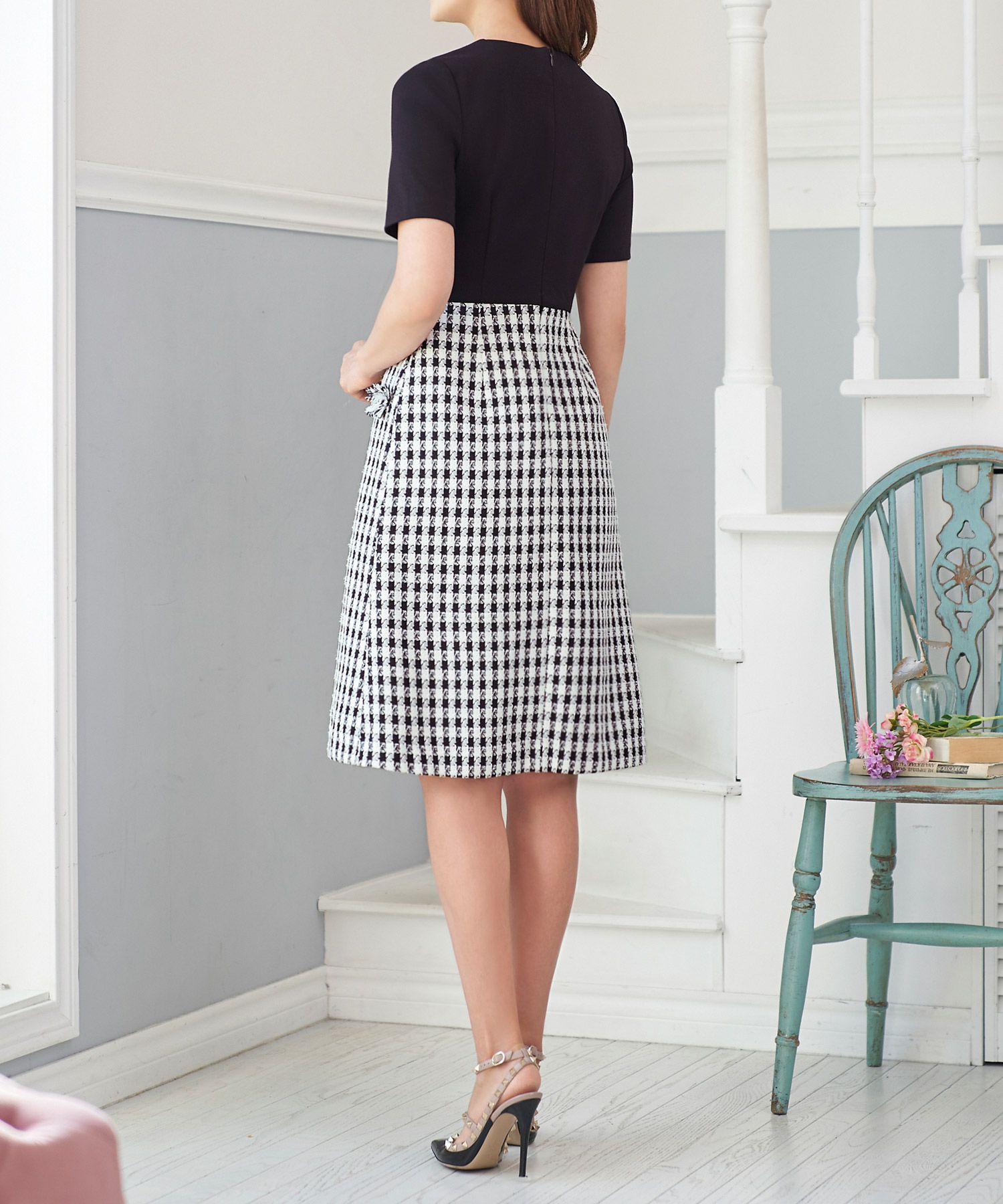 半袖/ギンガムチェック/ボックスプリーツ/フリンジ/S/M/プリマシェレル/PrimaScherrer/レディース/ライトグリーン/ベージュ/ブラック/上品/エレガント/ショートスリーブ/ポンチ