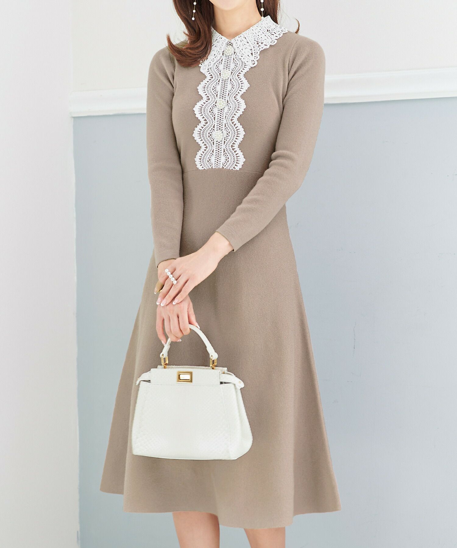 ニット ワンピース ケミカルレース 襟付き Prima Scherrer 全3色  