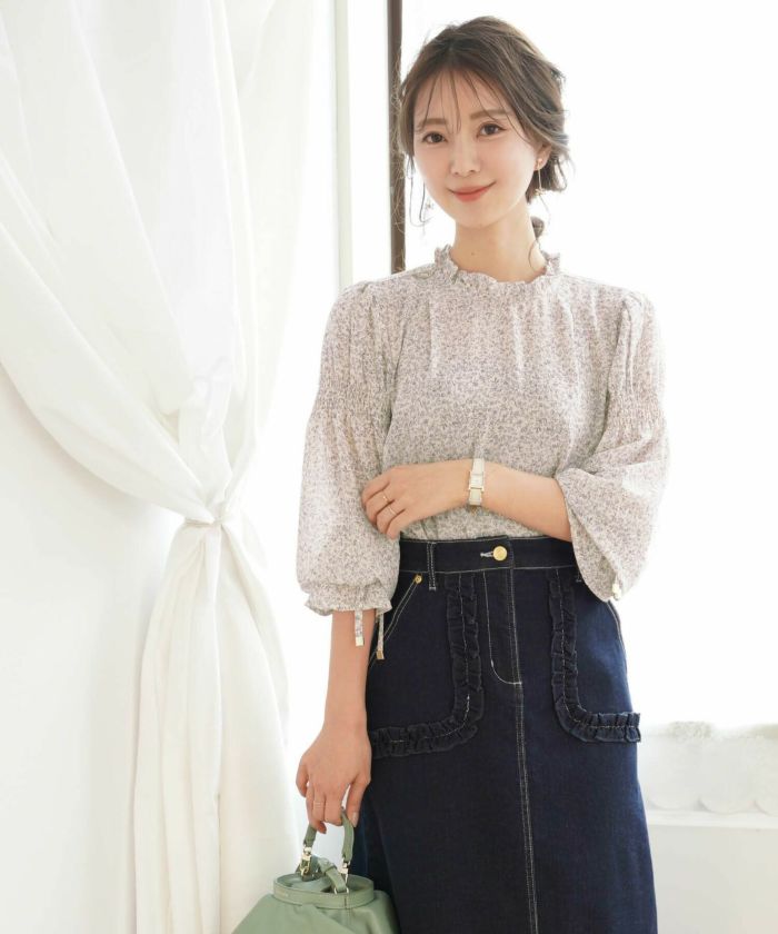 新品ZARAリボンディテールフラワープリントブラウス Mサイズ
